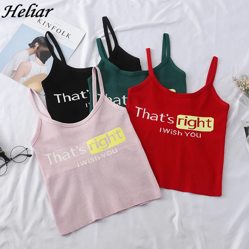 

HELIAR 2019 Girlish Tops Female Crop Tops Ladies Knitted Tank Tops Casual Woman Sexy Clothes Spaghetti Letter Print Camisoul