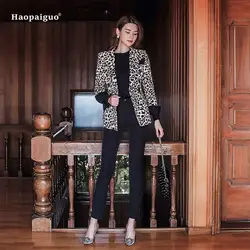 Плюс размеры Осень Зима для женщин модные пальто 2018 Leopard длинный рукав костюм с вытачками Винтаж работы офисные вечерние Блейзер Пальто для