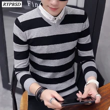 Осенний вязанный мужской свитер в полоску с v-образным вырезом, шерстяной пуловер высокого качества с длинными рукавами, мужская повседневная верхняя одежда