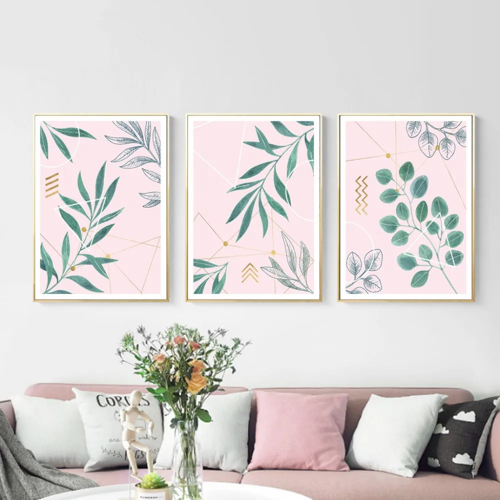 Modern Nordic Plant Leaves Decoration Minimalism Pink Living Room Canvas Painting Poster Geometry Wall Picture For Home Decor