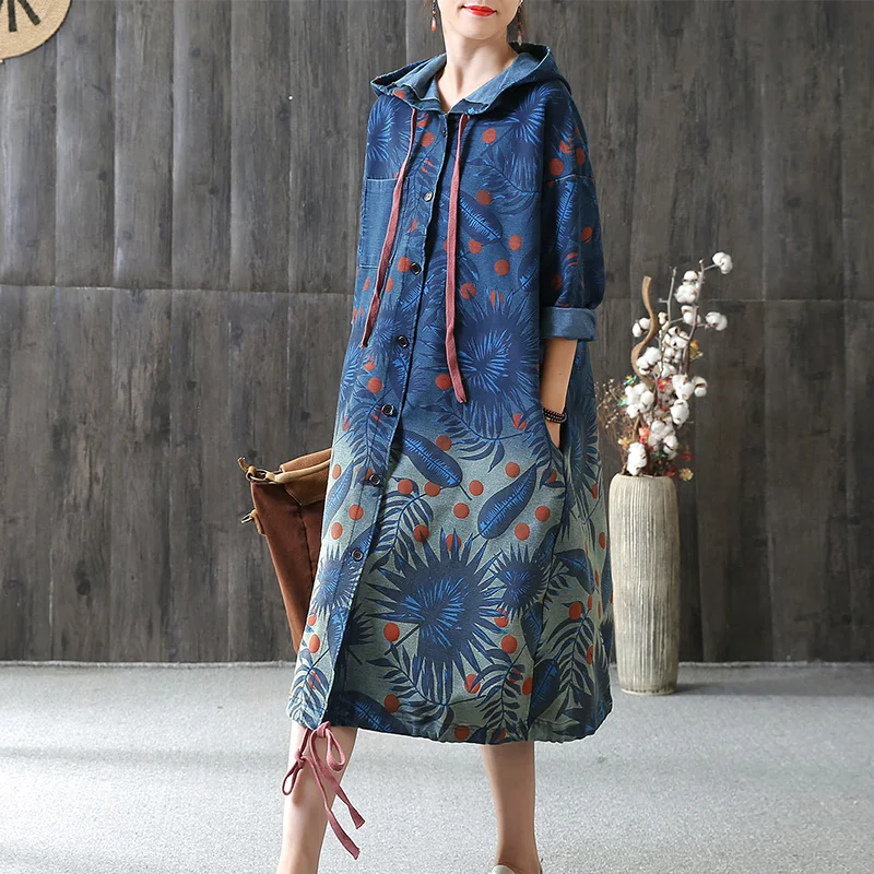 

2018 female new autumn and winter national trend print plus size outerwear medium-long with hood denim trench