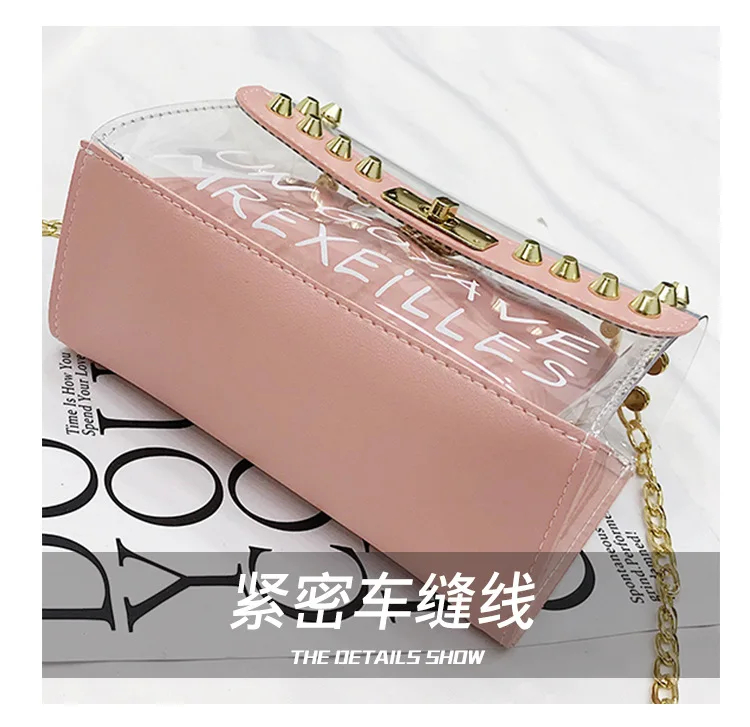 Womens Candy Color PVC Transparent Crossbody Bag 2pcs sets Rivets Letter Print Messenger Bags Fashion Girls Clear Chain Tote bag (7) - 