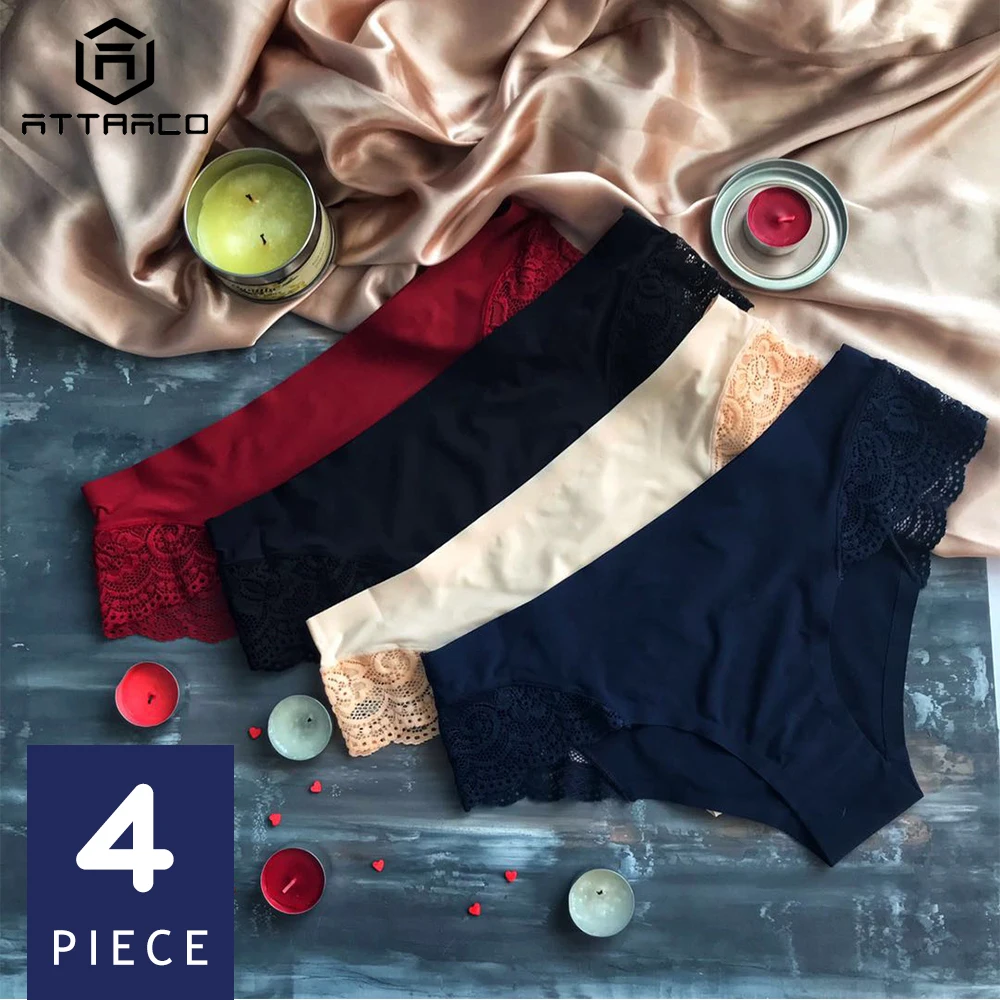 ATTRACO Women's Lace Hipster Underwear V String Panties Briefs Cotton 4 Pack Tanga Thong Lace Edge Breathable Stretch Hot Sale