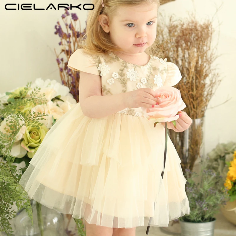 Cielarko Infant Girls Flower Dress Elegant Princess Baby Dresses Newborn Birthday Frock Summer