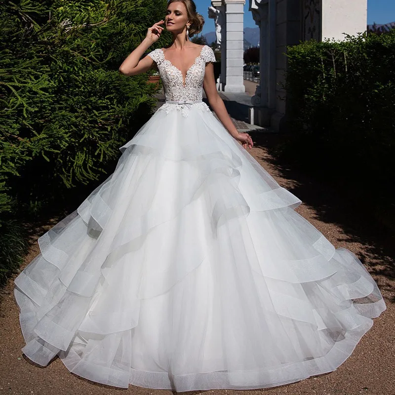 

New Arrival Ruffles Skirt Vestido Novia Civil Cap Sleeves Sheer Tulle Neck Vestido Novia Vintage Hard Edge Wedding Dress 2019