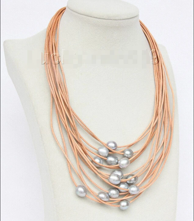

FREE shipping>>>> Genuine 17"-24" 15row gray pearls khaki leather necklace e2441 new