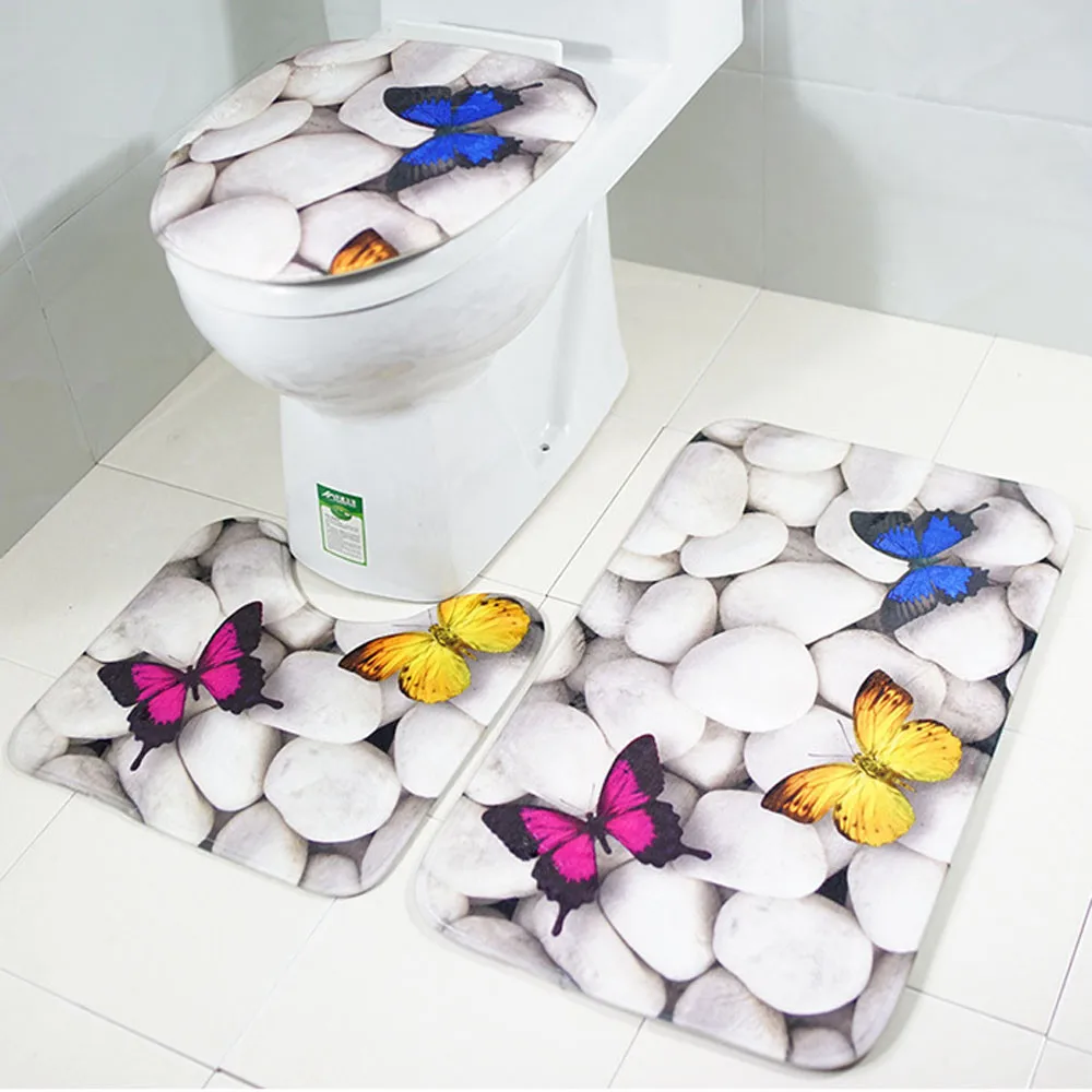 

HOT SALE Blue Ocean Series Toilet Base Carpet + Cover Toilet Cover + Bathroom Mat Set Household Toilet Three-piece Set