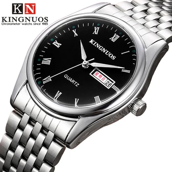 

Genuine KINGNUOS Fashion Casual Mens Womens Wristwatch Roman Numerals Auto Date Stainless Steel Strap Quartz Lover Watch Relogio