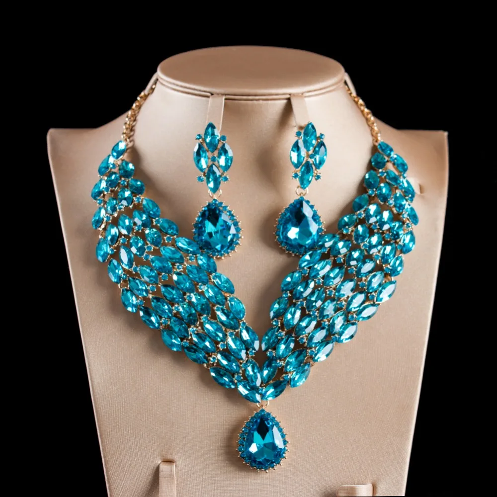 LAN PALACE beautiful light blue africa nigeria jewelry set gold color glass necklace and