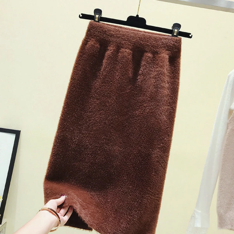 Winter Rabbit Hair Warm Solid Mid Pencil Skirts Cashmere Blend Elastic Waist Hip Package Knee Length Knitted Skirts