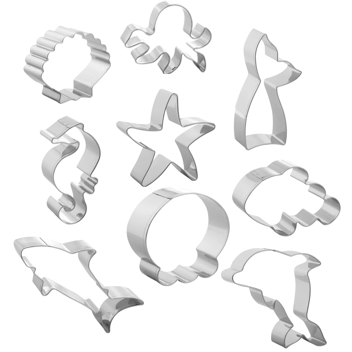 

Beach Cookie Cutter Set-9pc-Dolphin,Clownfish,Mermaid Tail,Octopus,Seahorse,Starfish,Seashell,Jellyfish,Shark-Stainless Steel