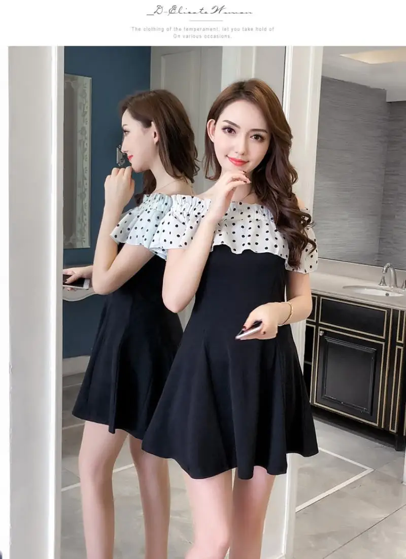 2018 New Arrivals  Summer  sexy dot dot shoulder stitching slim A short sleeved dress Free Shipping