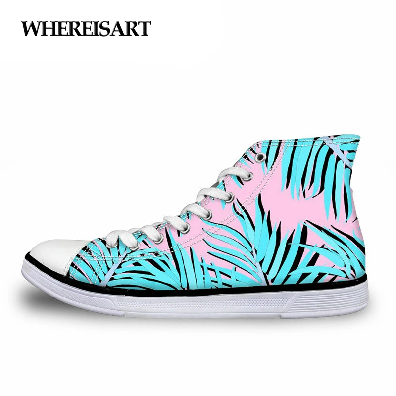 

WHEREISART Women High Top Vulcanize Shoes 2019 Spring View Tropical Plant Print Canvas Shoes Girls Ladies Sneakers Espadrilles