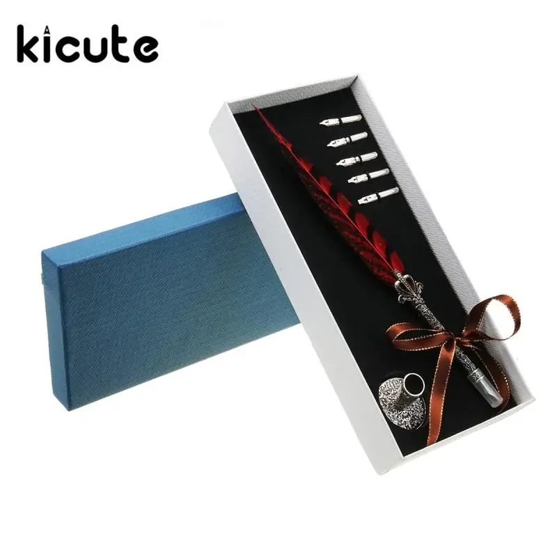 

Kicute Vintage Goose Feather Quill Pen Metal Nibs Dip Writing Black Ink Set Stationery Gift Box With 5 Nib Collectable Supplies