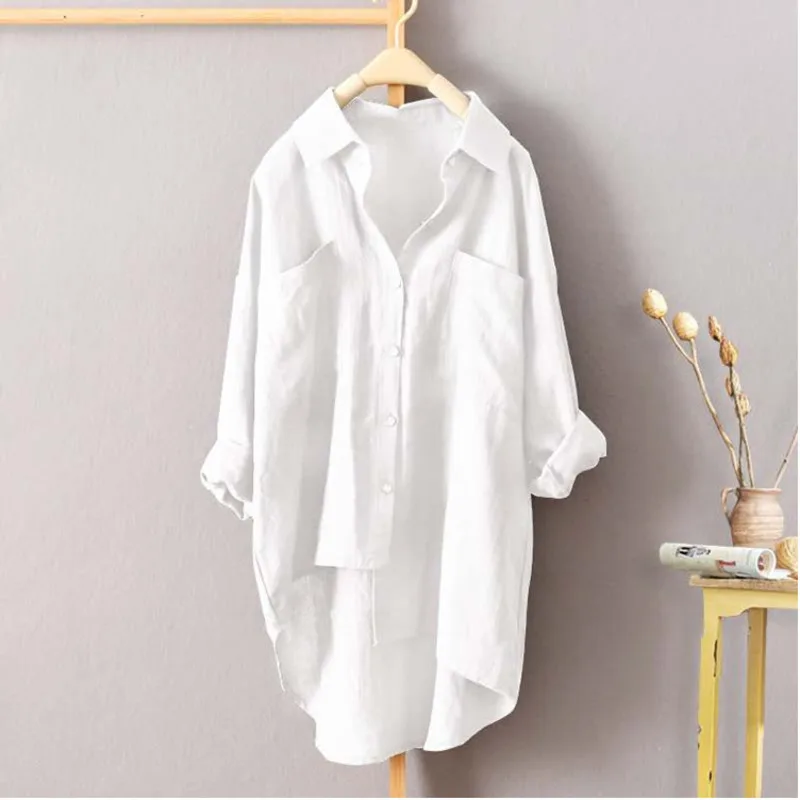 

White Women's Blouse Cotton Linen Large Solid Shirt Autumn New 2019 Plus Size Long Sleeve Temperament Womens Tops And Blouses