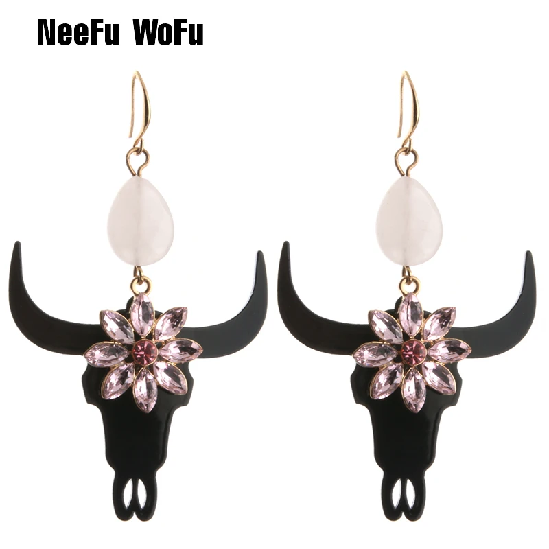 

NeeFu WoFu Bull Horn Earrings Resin Earring Stone Big Earring For Woman Crystal Large Long Brinco Ear Oorbellen Gift