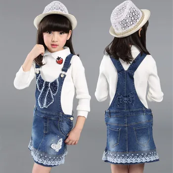 

New Arrival 2017 Girls Denim Sundress Girls Lace embroidery Sundress Kids Suspender Big Girls Denim dress Child Casual Sundress