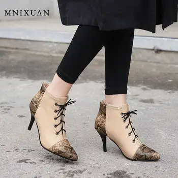 

MNIXUAN Classics autumn winter sexy ankle boots for women snake skin ladies booties 2019 new PU lace up thin high heels size 42