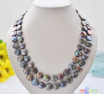 

Free shipping@@@@@ P4957 2row 21" 14mm peacock black coin freshwater pearl necklace