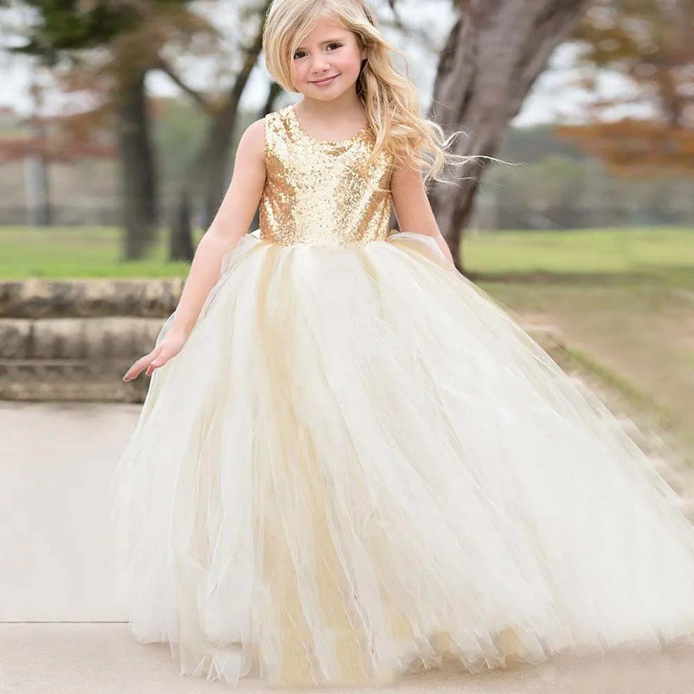 

New Long Communion Dresses Appliques Crew Neck Sleeveless Ball Gown Back V Button Flower Girl Dresses for Wedding with Bow Sash
