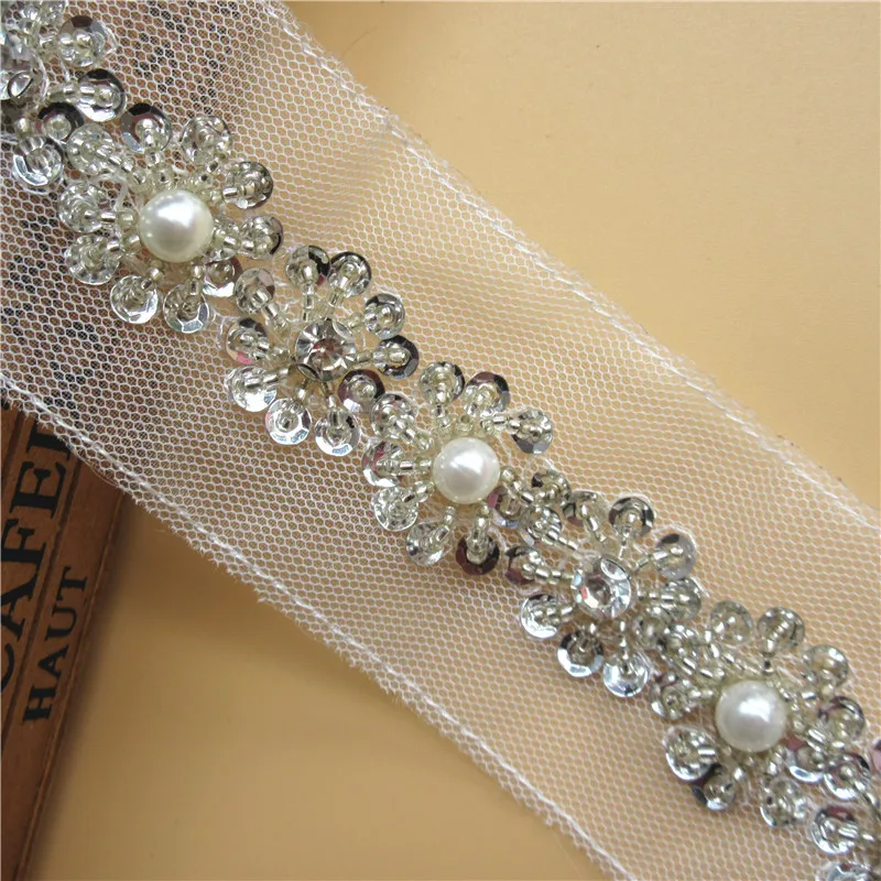 

1 yard Diamond Rhinestones Pearl Beaded Sequine Embroidered Net Lace Trim Ribbon Fabric Handmade DIY Wedding Dress Sewing Craft