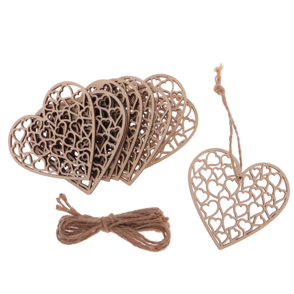 10x Vintage Wood Hanging Hearts Tags with Twine Chic Shabby Wedding Decor DIY