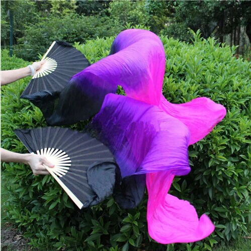 Новое поступление(1 шт. слева+ 1 шт. справа) 180 см танец живота Китай натуральный шелк веер вуали шелковые вентиляторы черный+ фиолетовый+ Fuschia