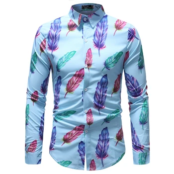 

Fashion Colorful Feather Print Hawaiian Shirt 2018 Spring Autumn New Mens Casual Button Down Dress Shirts Men Long Sleeve Shirt