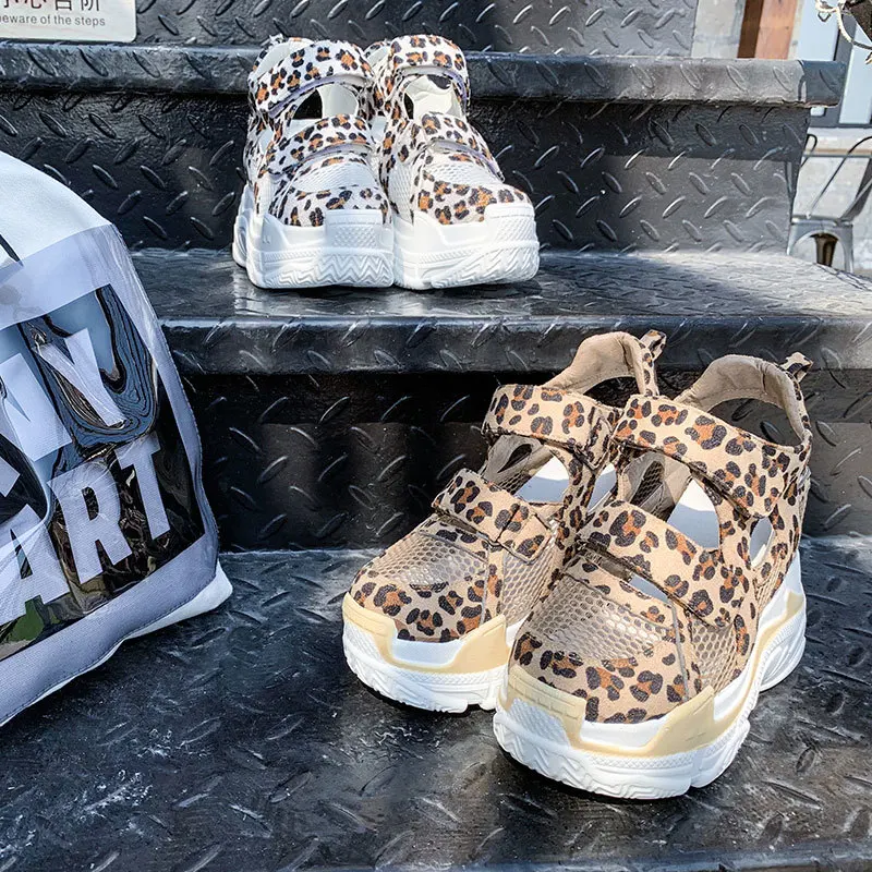 

leopard shoes 2019 air mesh breathable women sandals leopard hook-loop round toe increased platform super high wedges heels 9cm