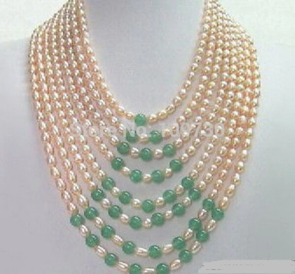 

Jewelr 002975 8 Rows Real Pink Pearl Green Jade 18KWGP Clasp Necklace