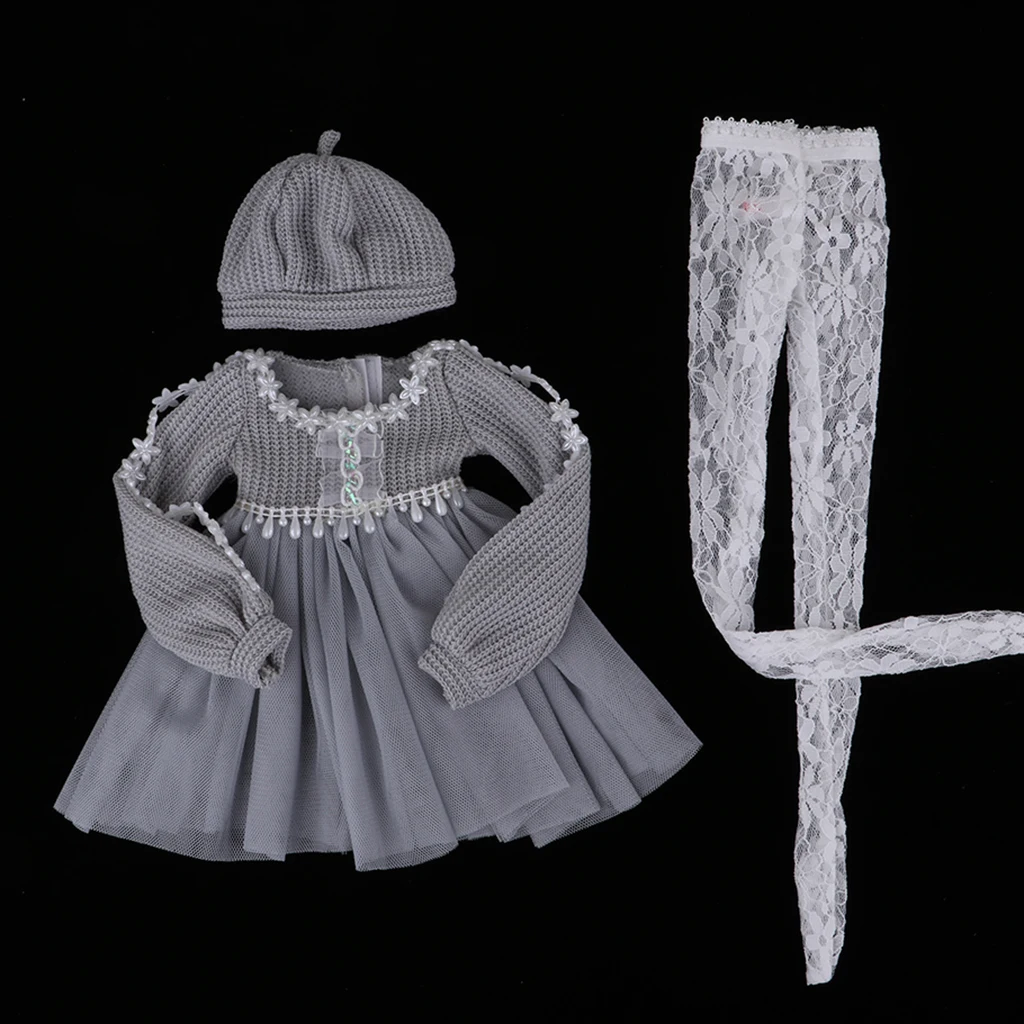Fashion Sweater Gauzy Coat Dress with Beret Lace Stockings Hat Leggings Suits for 1/3 BJD 60cm Dolls Accs Gray