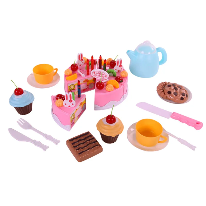 54 teile/satz Baby Pretend Play Küche Spielzeug Kunststoff Lebensmittel Kuchen Eis Schneiden Messer Tee Topf und Tassen Set Kinder spielzeug Geschenk