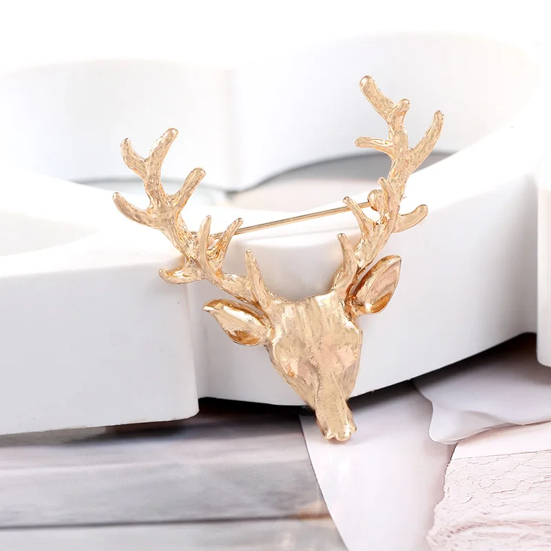Unisex Animal Christmas Xmas Popular Cute Gold Deer Antlers Head Pin Brooches For Women Lady Classical Decoration Pins