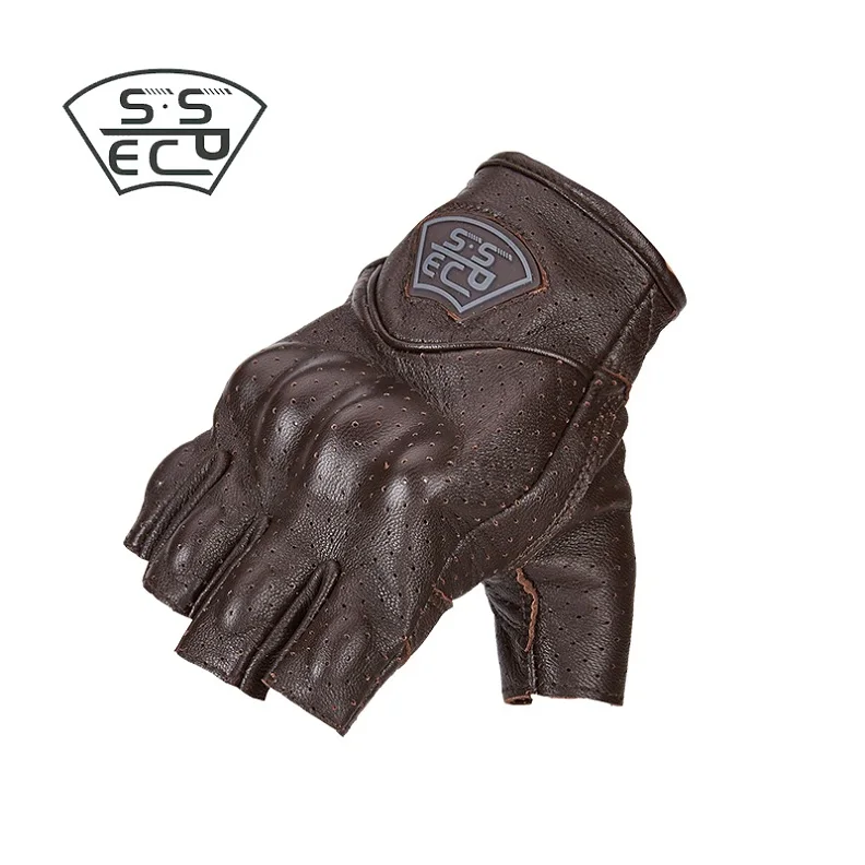 SSPEC перчатки для мотоцикла с полупальцами из натуральной кожи, перфорированные перчатки, защитные шестерни, перчатки для мотокросса, летние гоночные перчатки - Цвет: BROWN