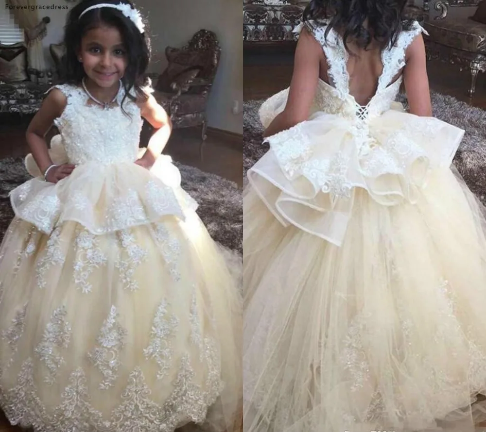 Adorable Champagne Flower Girl Dresses With Peplum Ruffles Appliques Princess Ball Gowns Little Kids Birthday Communion Gowns Pageant Dress 114 (2)