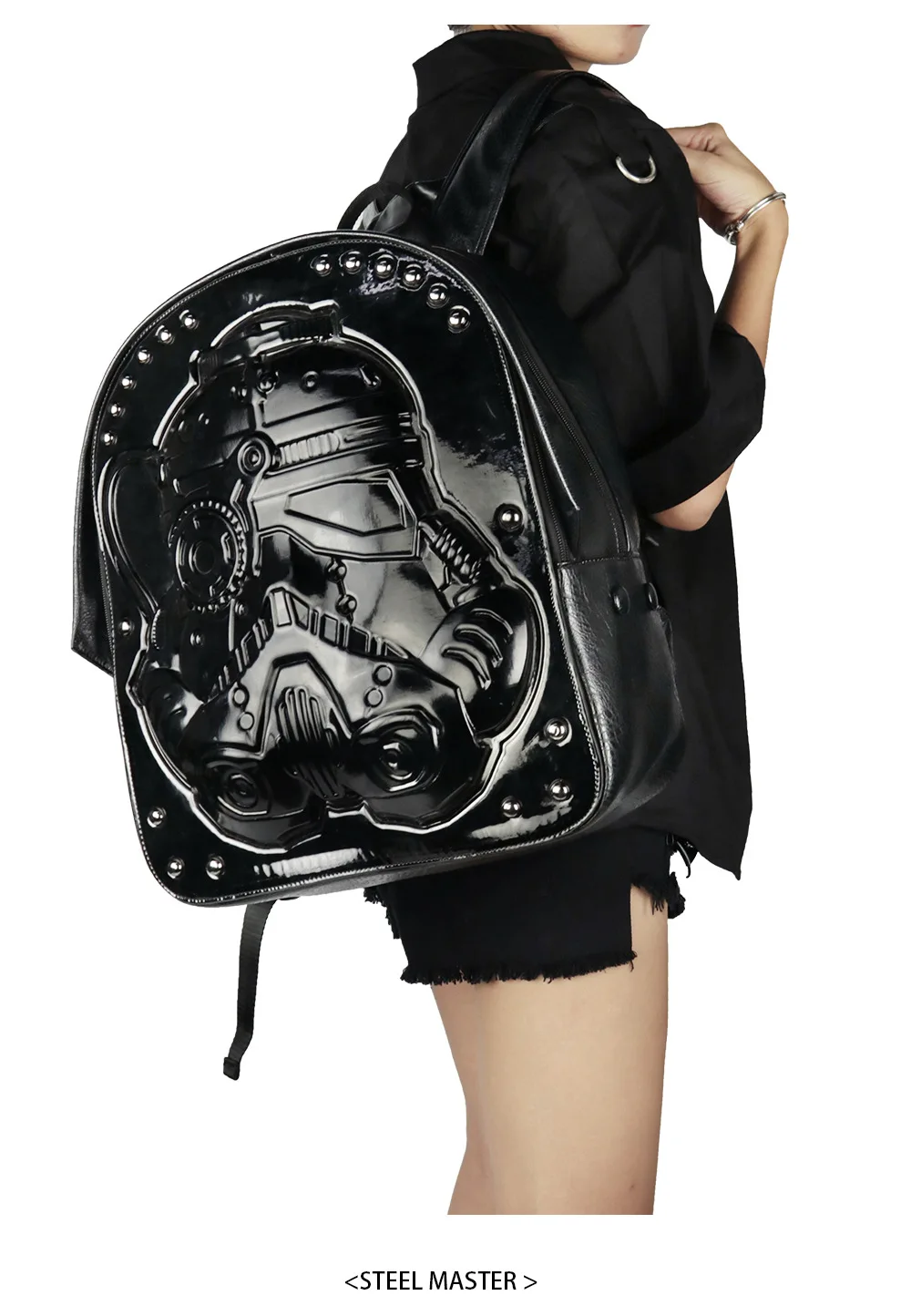 Новинка, черный рюкзак из искусственной кожи в стиле панк для мужчин и женщин, большой рюкзак для мотоциклистов, дорожная сумка, повседневный рюкзак в стиле стимпанк, школьная сумка
