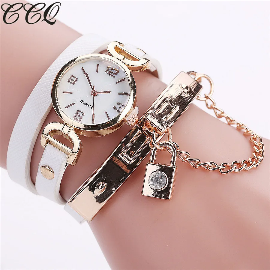 

Relogio Feminino 2017 CCQ Brand Women Vintage Bracelet Gold Crystal Lock Pendant Watch New Design Casual Leather Quartz Watch