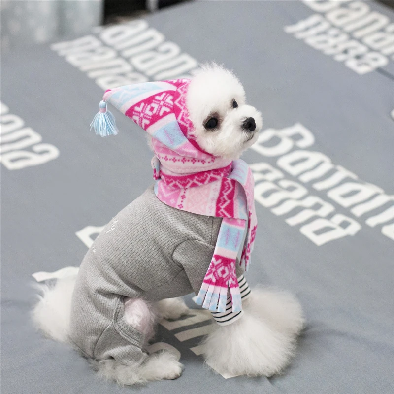 Luxury Pink Knitted Pet Dog Hat With Scarf Set Winter Warm Puppy Little Small Medium Cat Neck Scarf For Girl Boy Accessories Pug