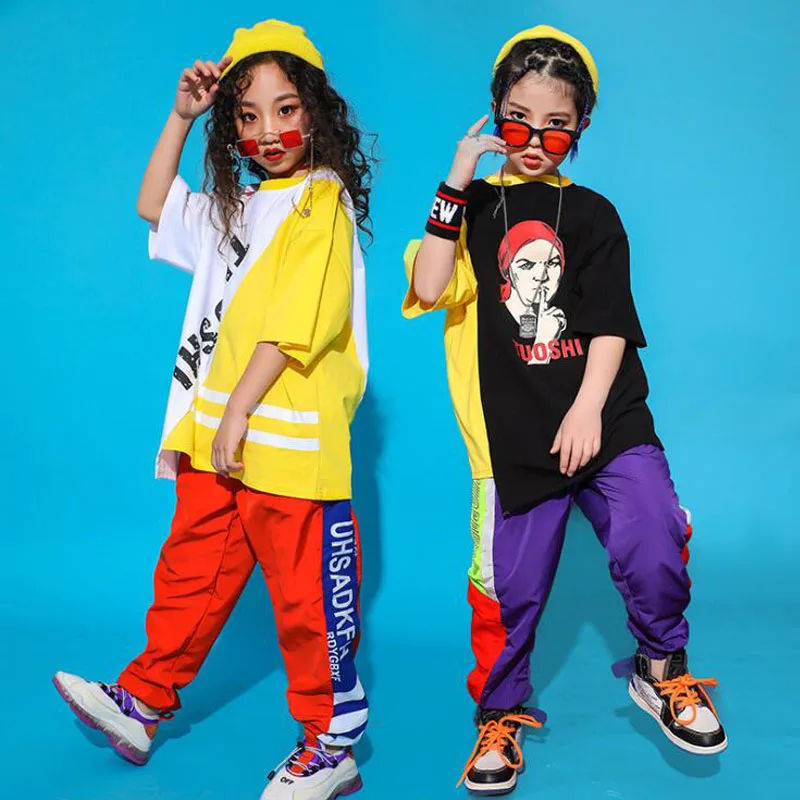 Малыш свободно Одежда в стиле хип-хоп костюм негабаритных работает Футболка Топы Повседневное штаны для девочек и мальчиков Джаз Танцы бальный костюм одежда