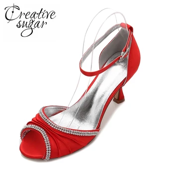 

Creativesugar Lady's D'orsay separate pumps with pleated rhinestones open toe ankle strap satin dress shoes spike heels colors