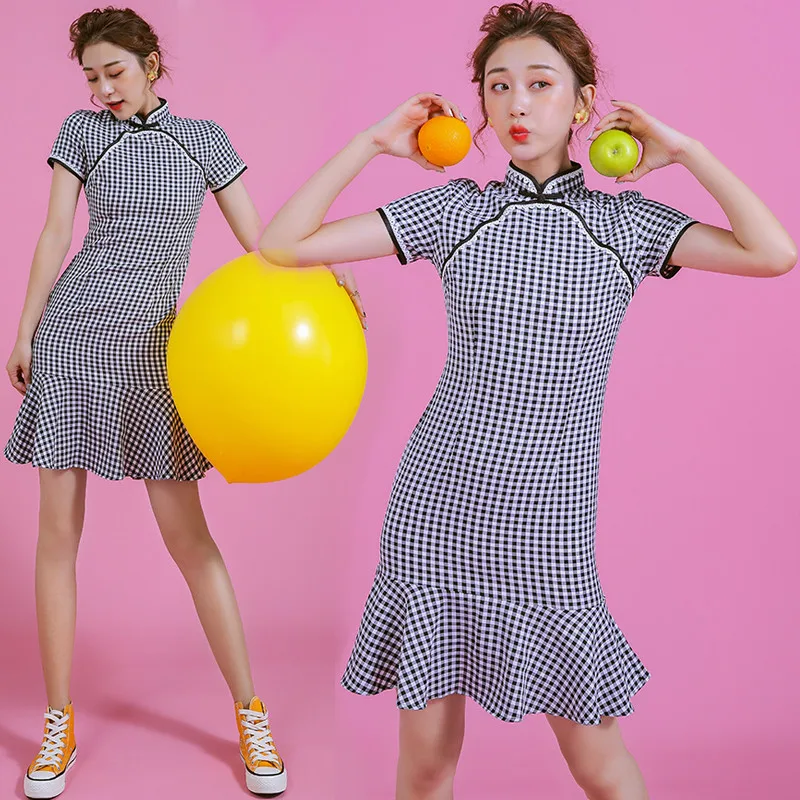 

Cheongsam Mini Sexy Qipao Plaid Dress Gothic Korean Dress Casual Vintage A-Line Mini Vintage Mandarin Collar Cotton Cheongsam
