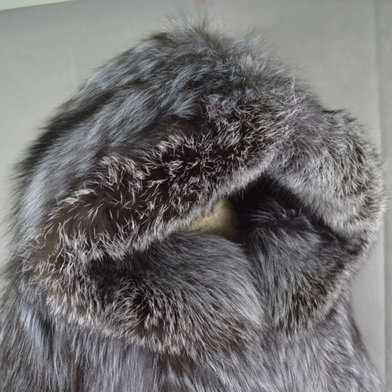 Женская Шуба из натурального меха серебристой лисы с капюшоном, зимняя теплая Длинная женская куртка с натуральным лисьим мехом, верхняя одежда с длинным рукавом C2