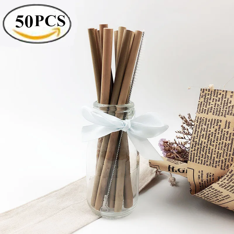 Wholesale 100 50Pcs/lot Bamboo Straw Eco friendly Reusable Bamboo Drinking Straws Cleaner 19.5cm