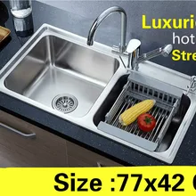 Квартиры двойной кухонный паз раковина vogue роскошный сделать блюда 304 нержавеющая сталь Горячая 770x420 мм