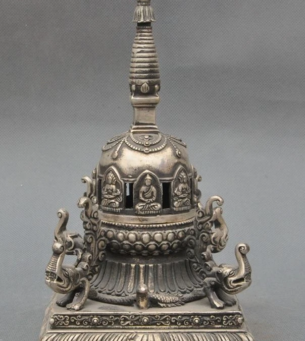 

9" Old Tibet Buddhism Silver Sakyamuni Buddha Beast Tower Incense burner Censer