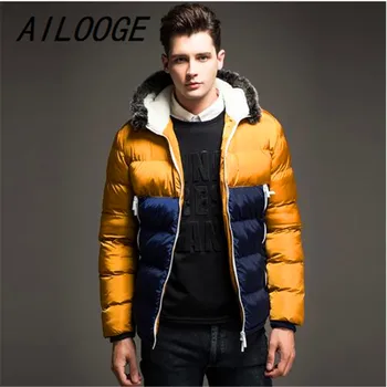 

AILOOGE 2017 Contrast Color Mens Winter Jackets Men's Parka Fur hood Men Coat Winter Casual & Fit Thick Man Down Jacket