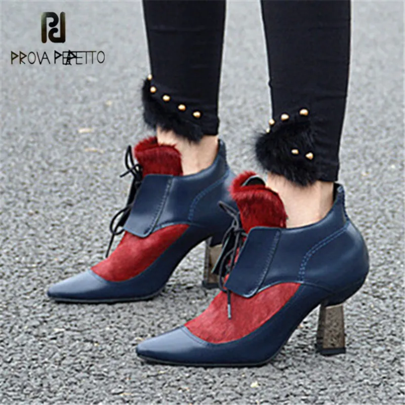 Lace Leder Mode Echtem Prova Für Schuhe Blau Pumpen Up Ferse Rosshaar Spitz Aus Perfetto Stiefeletten rot Hohe Frauen Frau wCw8S6qn