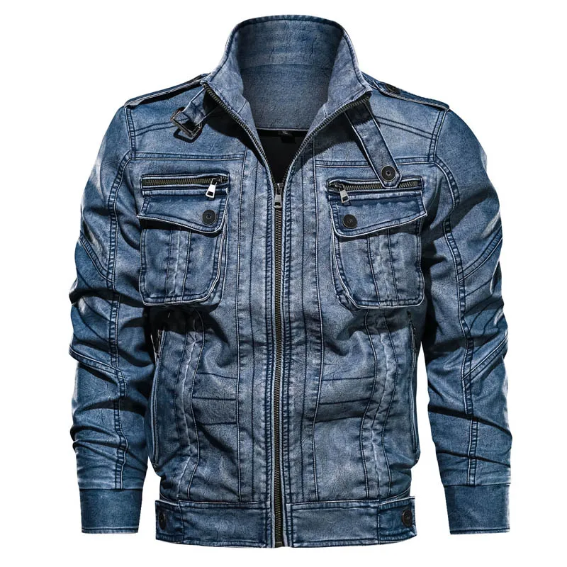Кожаная мужская куртка Новая повседневная PU мотоциклетная кожаная куртка Мужская jaqueta couro masculina размера плюс 6XL куртка с карманами - Цвет: Blue