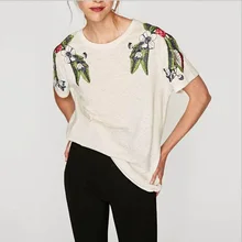 Летние Рубашка с короткими рукавами футболка Для женщин Стильный Цветочный Вышивка топы с круглым вырезом Повседневный пуловер Женский туники для девочек школьная футболка