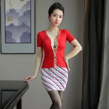 Косплэй сексуальный бандажный стюардесса микро мини-юбки костюмы форма костюм Открытое платье одежда для сцены 2 шт./компл. топ+ юбка F30